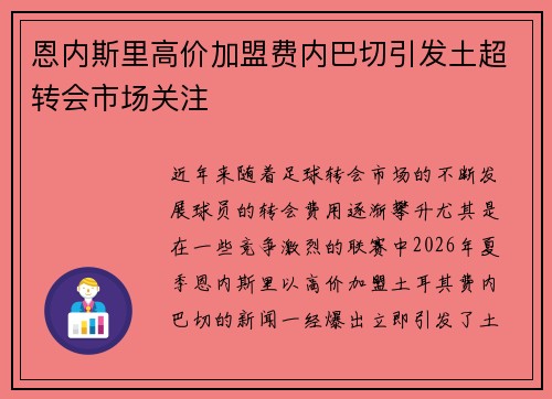 恩内斯里高价加盟费内巴切引发土超转会市场关注
